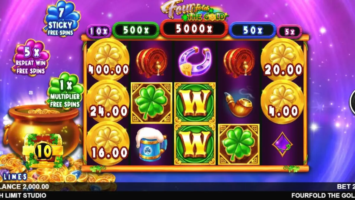 Tampilan visual slot Fourfold the Gold dengan tema leprechaun di luar angkasa